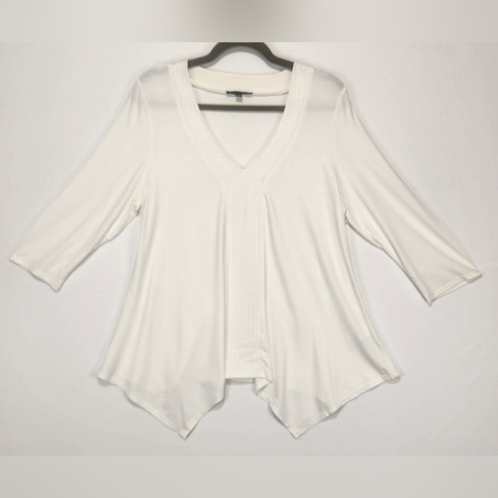 Adrianna Papell Elegant White V-Neck Women's Top 3/4 Sleeve Size L